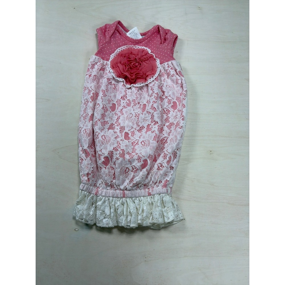 Peaches N Cream Baby Girl Pink Lace Flower Sleeper Gown Polka‎ Dot 0-3 Months